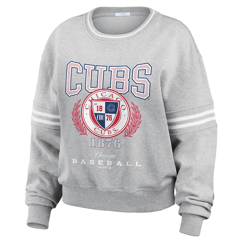 Women's WEAR by Erin Andrews Heather Gray Chicago Cubs Domestic Crest Pullover Sweatshirt