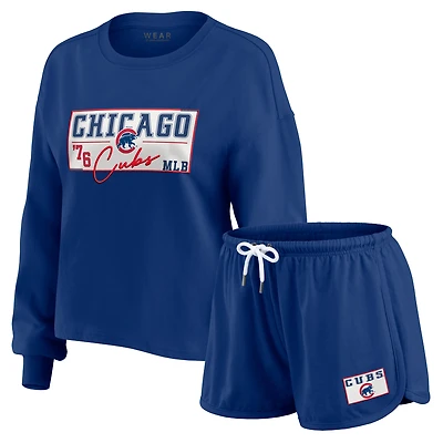 Women's WEAR by Erin Andrews Royal Chicago Cubs Heavy Rugby Jersey Cropped Long Sleeve T-Shirt & Shorts Lounge Set