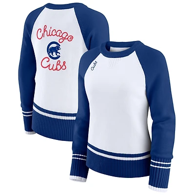 Women's WEAR by Erin Andrews White Chicago Cubs Colorblock Raglan Sweater