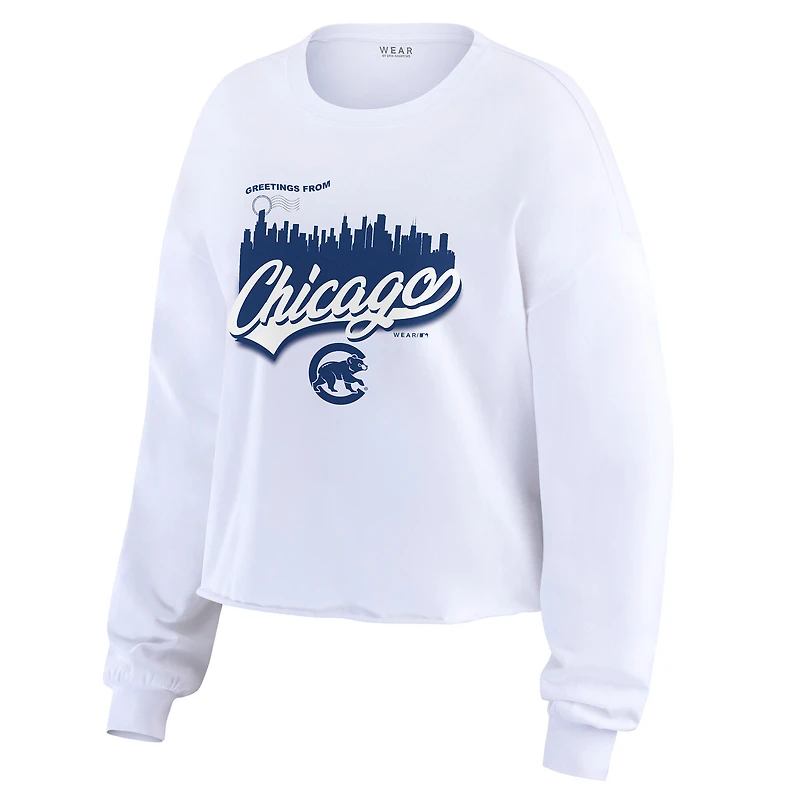 Women's WEAR by Erin Andrews White Chicago Cubs Domestic Postcard Long Sleeve T-Shirt