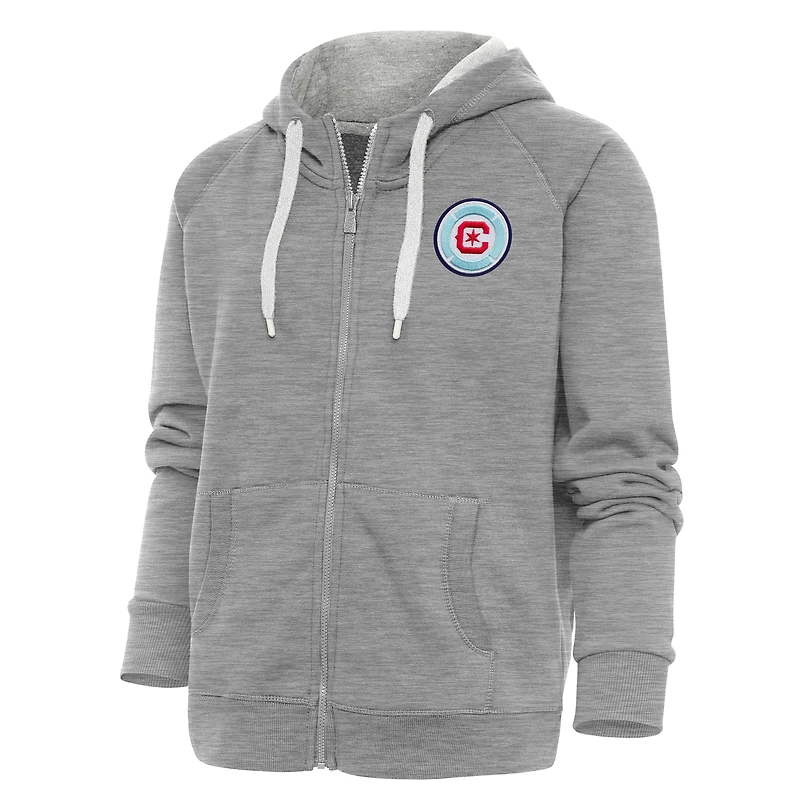 Women's Antigua Heather Gray Chicago Fire Logo Victory Full-Zip Hoodie