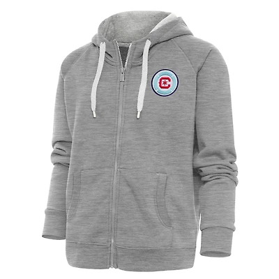 Women's Antigua Heather Gray Chicago Fire Logo Victory Full-Zip Hoodie