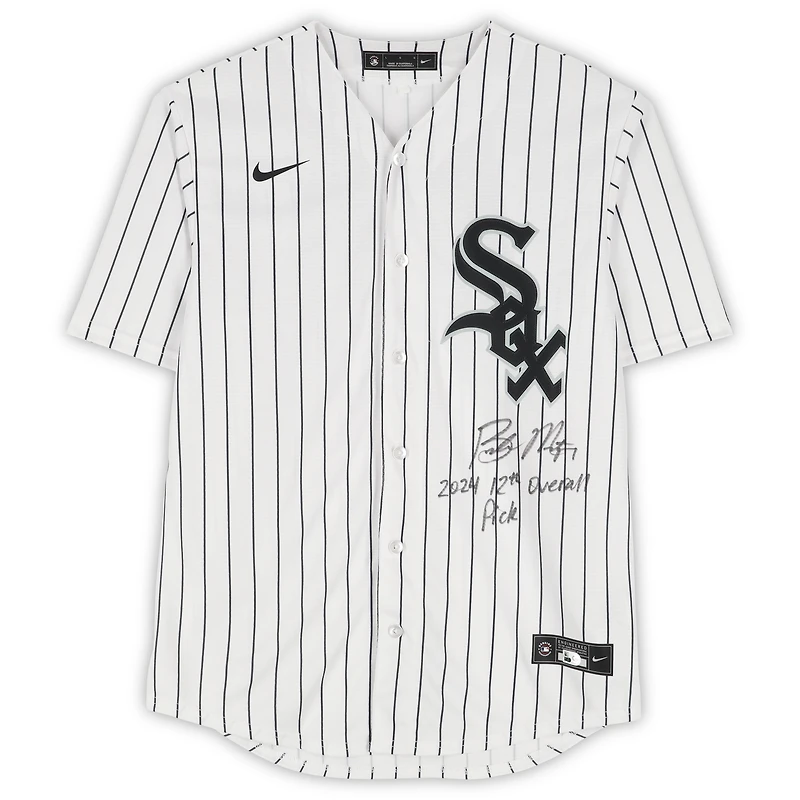 Maillot réplique blanc Nike autographié par Braden Montgomery des White Sox de Chicago avec inscription « 12e choix au total 2024 ».
