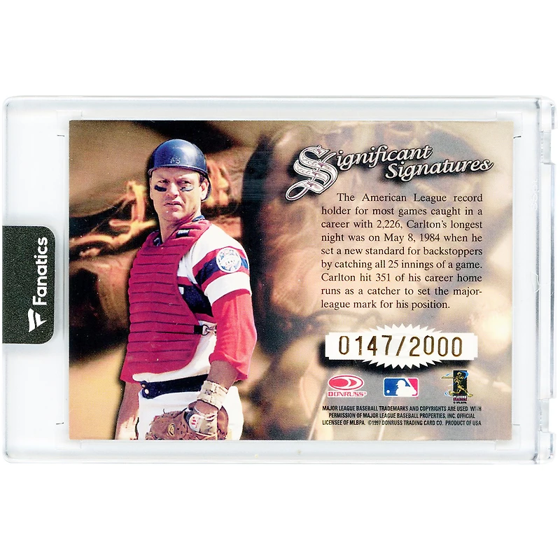 Carte autographiée de Carlton Fisk, Chicago White Sox, 1997, Donruss Significant Signatures, n° NNO, n° 147/2000