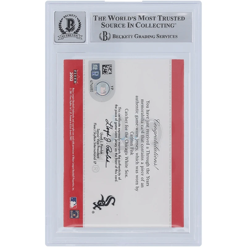 Carlton Fisk Chicago White Sox Autographed 2002 Fleer Greats of the Game Through The Years Relic #CF Beckett Fanatics Witnessed Authenticated 10 Card