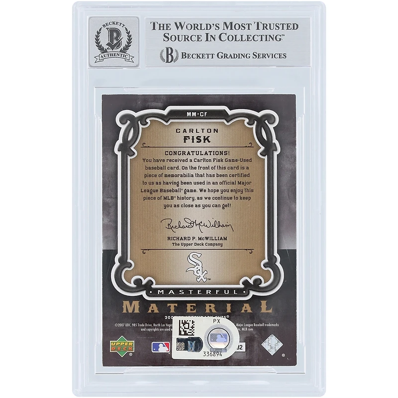Carte autographiée de Carlton Fisk (Chicago White Sox), 2007, Upper Deck SP Legendary Cuts Masterful Material Relic #MM-CF, authentifiée par Beckett Fanatics Witnessed (n° 10).