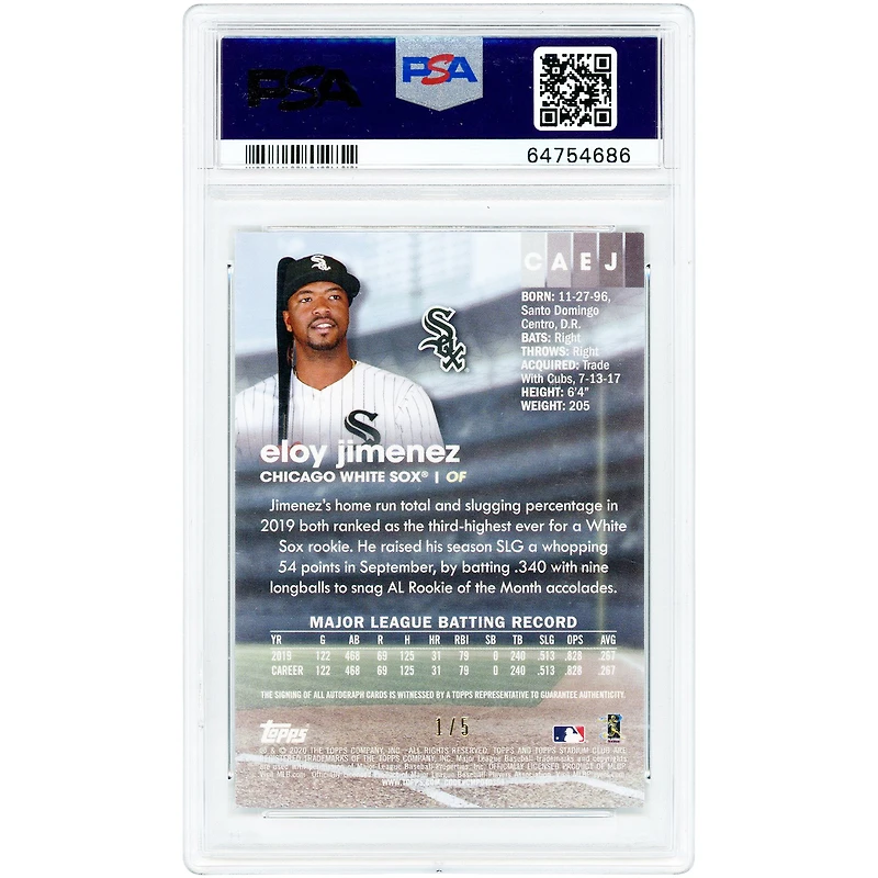 Eloy Jimenez Chicago White Sox Autographed 2020 Topps Stadium Club Shimmer Refractor #CA-EJ #1/5 PSA Authenticated 9 Card