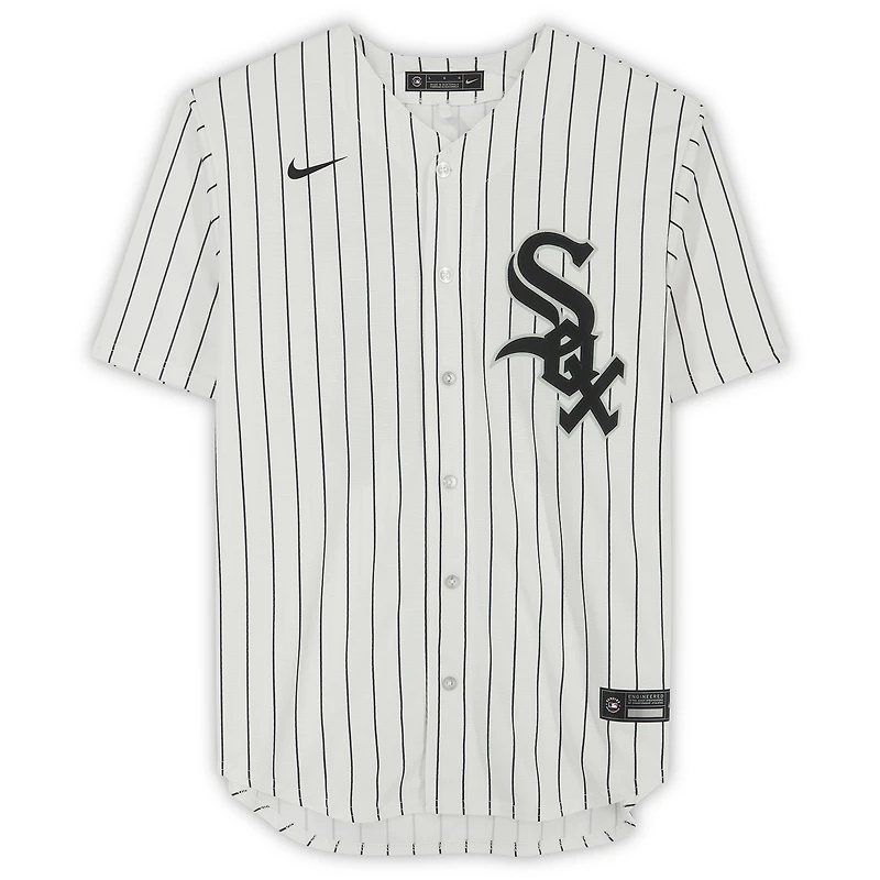 Maillot Nike réplique à rayures blanches autographié par Eloy Jimenez des Chicago White Sox