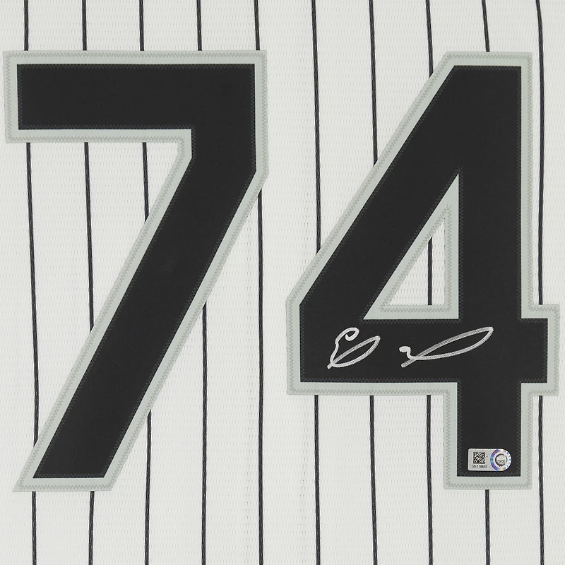 Maillot Nike réplique à rayures blanches autographié par Eloy Jimenez des Chicago White Sox
