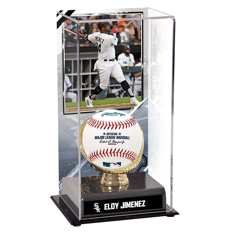 Vitrine de présentation des gants dorés des Chicago White Sox d'Eloy Jimenez avec image