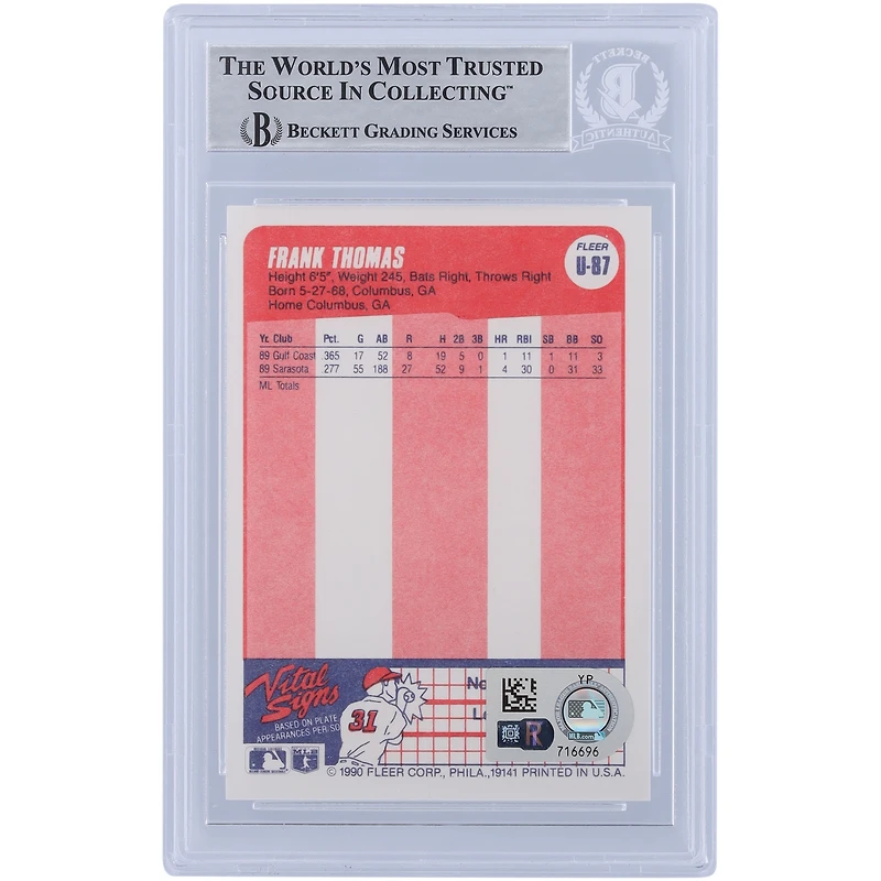 Frank Thomas Chicago White Sox Autographié 1990 Fleer Mise à jour #U-87 Beckett Fanatics A Vu Authentifié Carte Rookie