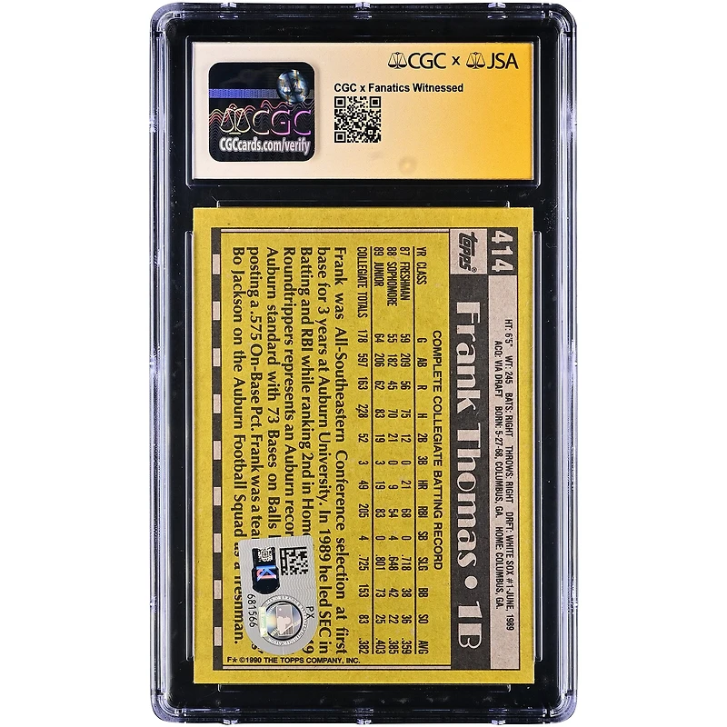 Carte de recrue autographiée de Frank Thomas (White Sox de Chicago), Topps 1990 n° 414