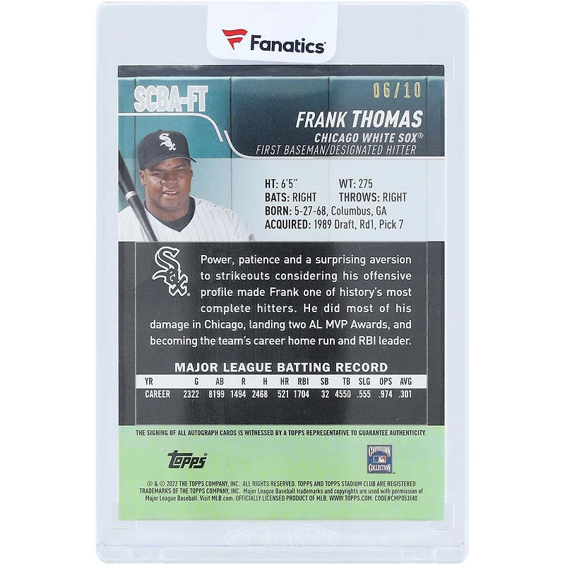 Carte autographiée de Frank Thomas, joueur des White Sox de Chicago, collection Topps Club Black 2022, numéro SCBA-FT, numéro 6/10