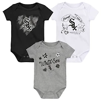 Ensemble de 3 bodys Batter Up pour filles, nouveau-né et nourrisson, noir/blanc/gris chiné, Chicago White Sox