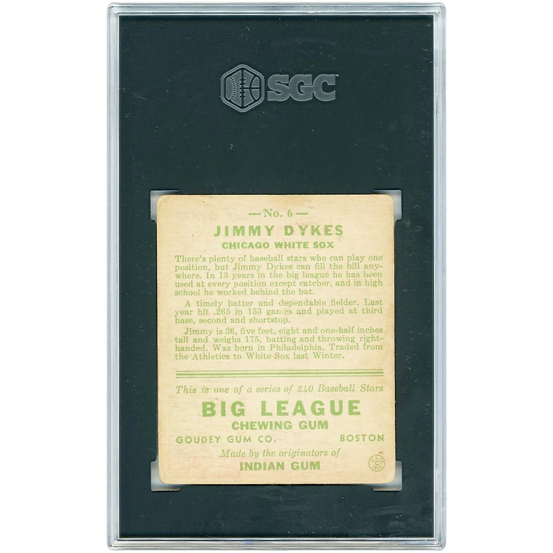 Jimmy Dykes Chicago White Sox 1933 Goudey Age 36 in Bio #6 SGC Authenticated 3 Rookie Card