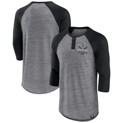 Fanatics pour hommes gris chiné/noir Chicago White Sox emblématique au-dessus de la chaleur mouchetée Raglan Henley T-shirt à manches 3/4