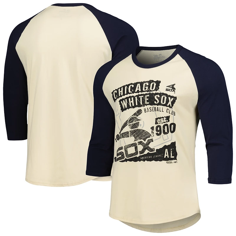 T-shirt à manches 3/4 Majestic Threads pour hommes, crème/bleu marine, Chicago White Sox Raglan