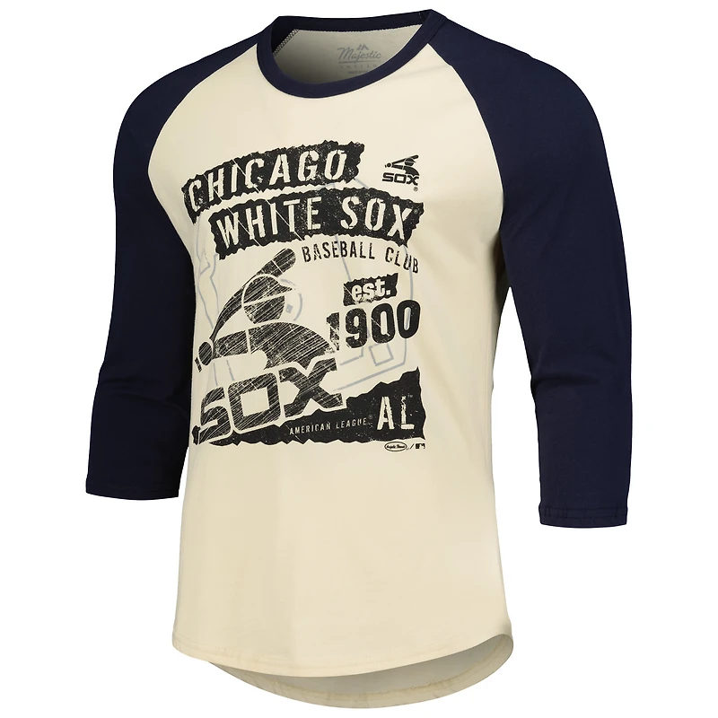 T-shirt à manches 3/4 Majestic Threads pour hommes, crème/bleu marine, Chicago White Sox Raglan