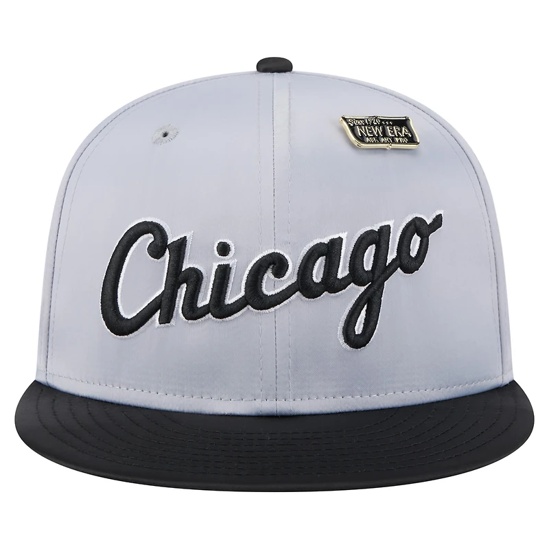 Casquette ajustée New Era 59FIFTY en satin gris/noir pour homme, Chicago White Sox