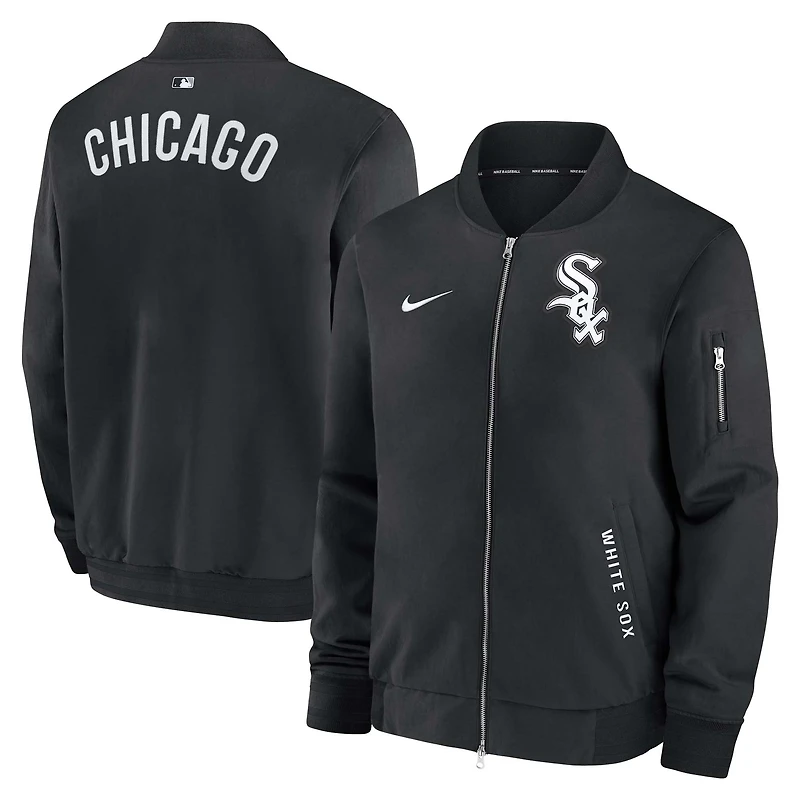 Veste aviateur Nike noire à fermeture éclair intégrale pour homme, collection authentique Chicago White Sox, modèle Dugout