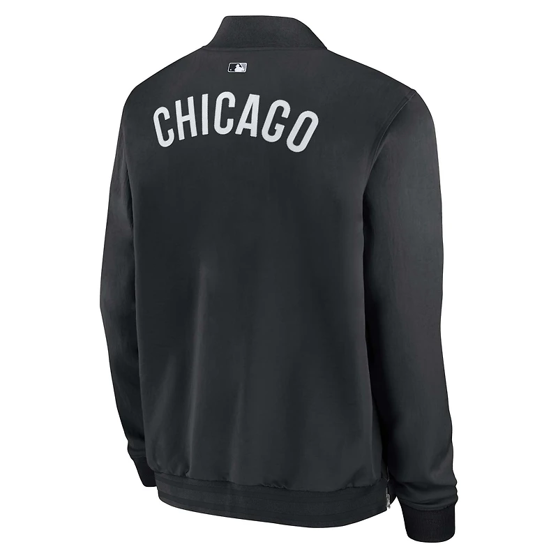 Veste aviateur Nike noire à fermeture éclair intégrale pour homme, collection authentique Chicago White Sox, modèle Dugout