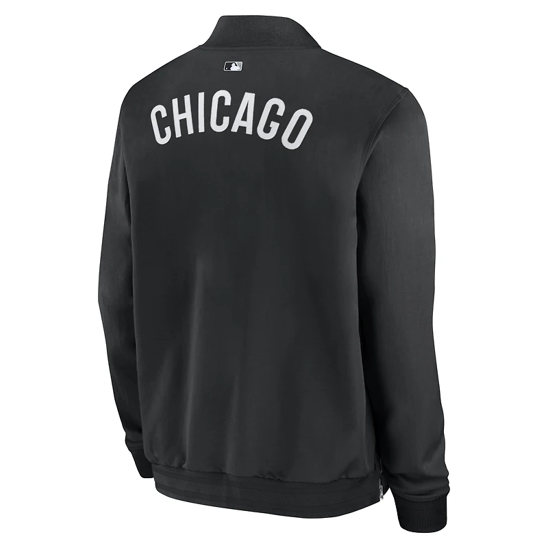 Veste aviateur Nike noire à fermeture éclair intégrale pour homme, collection authentique Chicago White Sox, modèle Dugout
