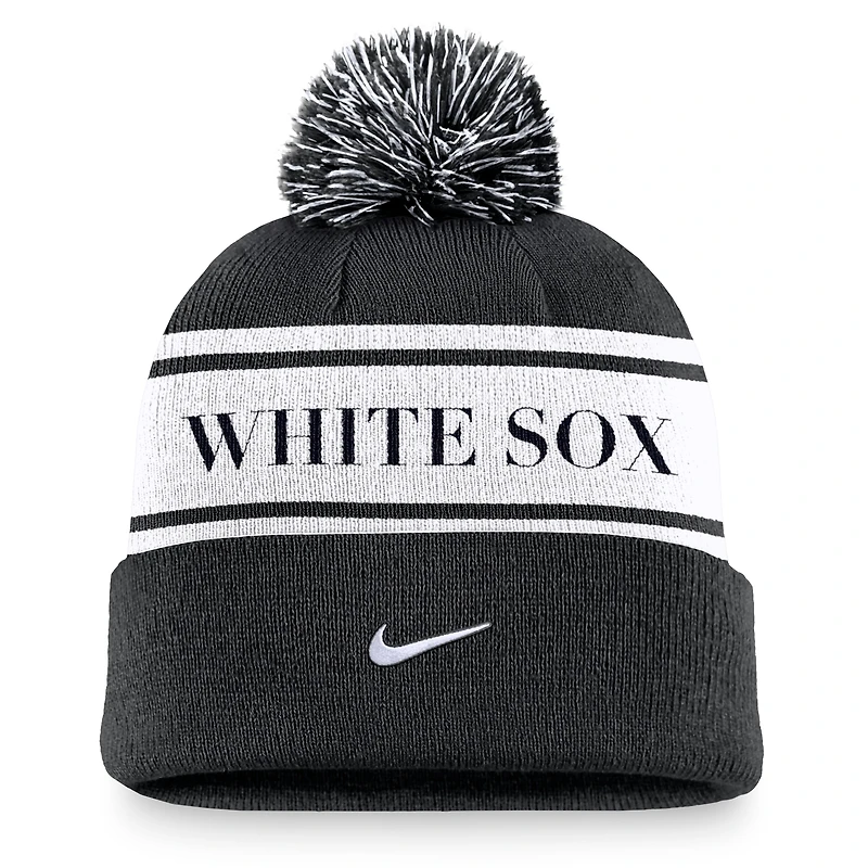 Men's Nike Black Chicago White Sox Team Stripe Peak Cuffed Knit Hat with Pom