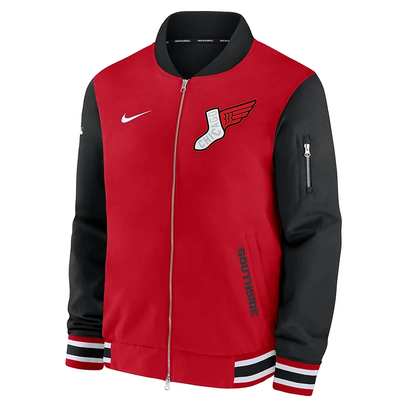 Veste aviateur zippée Nike rouge/noir Chicago White Sox 2025 City Connect Authentic Collection pour homme