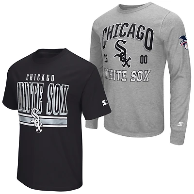 Ensemble de deux t-shirts à manches longues et courtes pour homme, gris chiné/noir, Chicago White Sox