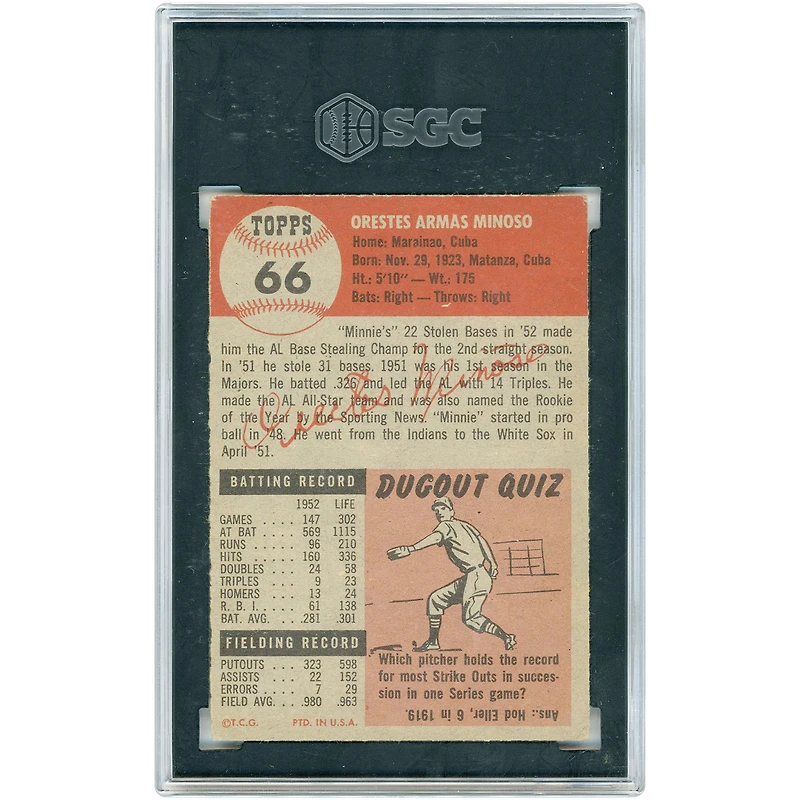 Minnie Miñoso Chicago White Sox 1953 Topps #66 SGC Authenticated 4.5 Card