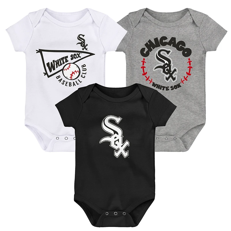 Lot de 3 bodys pour nouveau-né et bébé Noir/Blanc/Gris chiné Chicago White Sox Biggest Little Fan