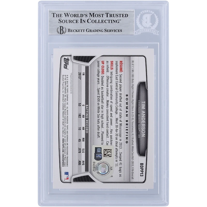Tim Anderson Chicago White Sox autographié 2013 Bowman Draft #BDPP13 Beckett Fanatics a vu une carte de recrue authentifiée