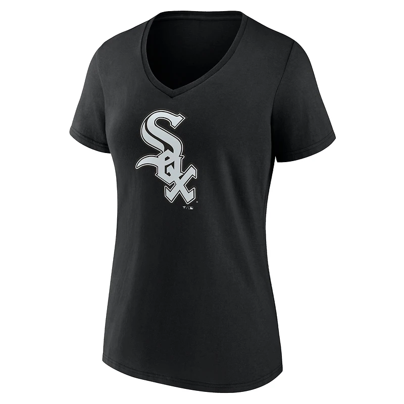 T-shirt noir à col en V pour femme avec logo officiel des Chicago White Sox