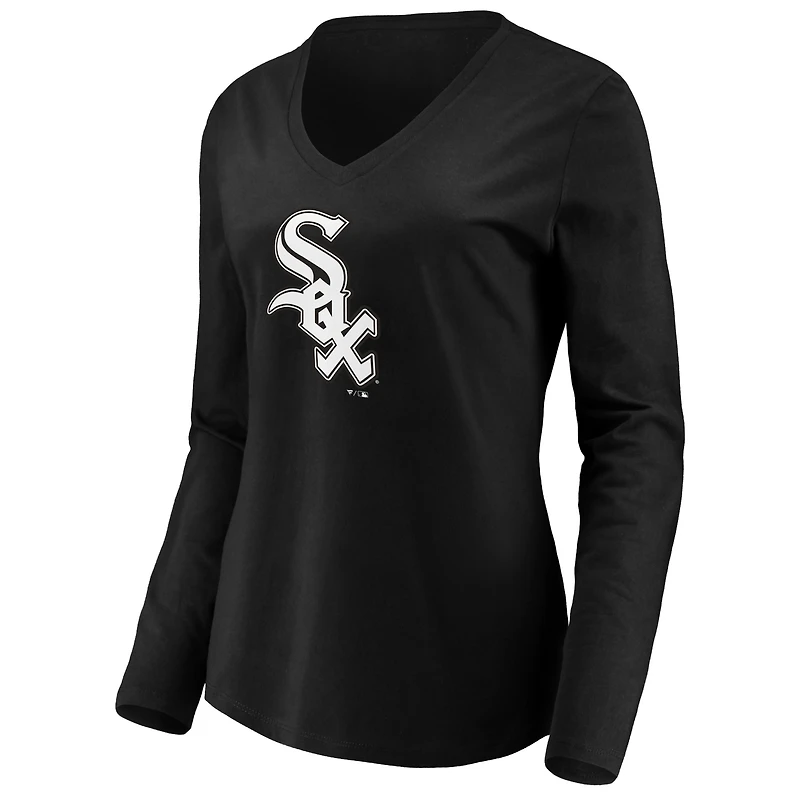 T-shirt à manches longues et col en V avec logo officiel des Chicago White Sox Fanatics pour femmes, noir