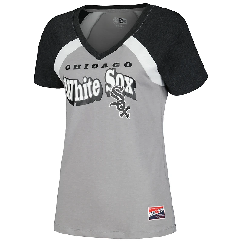 T-shirt raglan chiné New Era pour femme, gris, Chicago White Sox, col en V