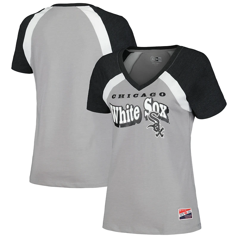 T-shirt raglan chiné New Era pour femme, gris, Chicago White Sox, col en V