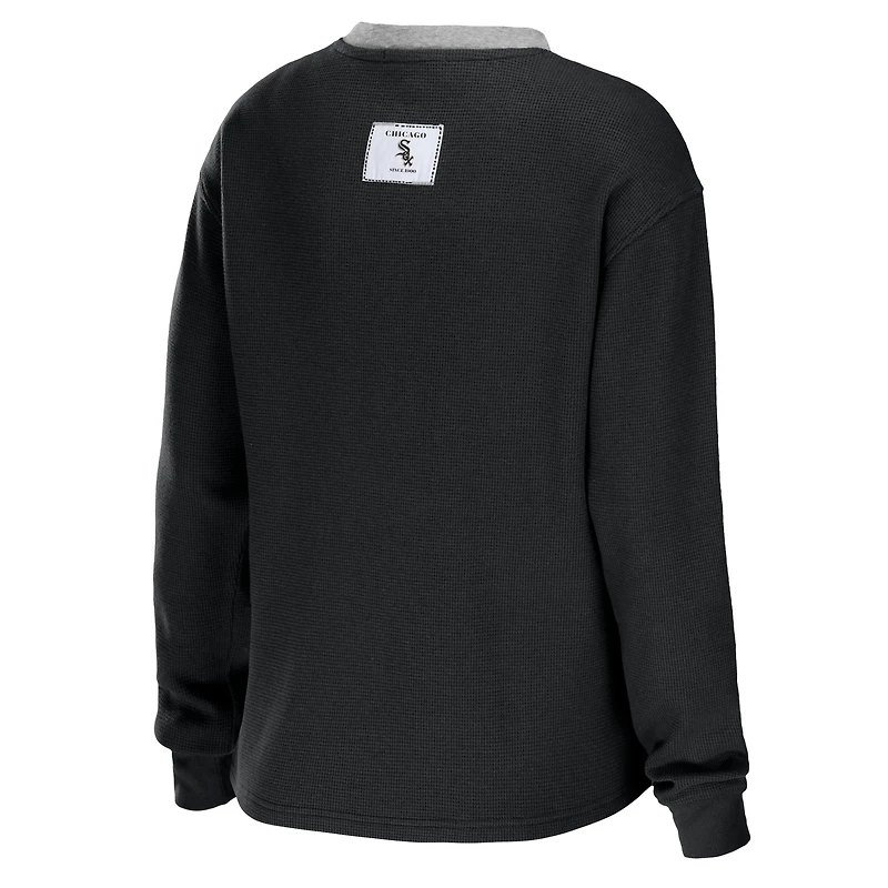 Women's WEAR by Erin Andrews Black Chicago White Sox Waffle Henley Long Sleeve T-Shirt