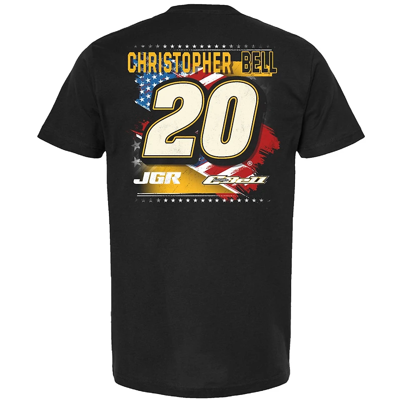 T-shirt patriotique noir pour homme de la collection Joe Gibbs Racing Team avec voiture Christopher Bell DEWALT