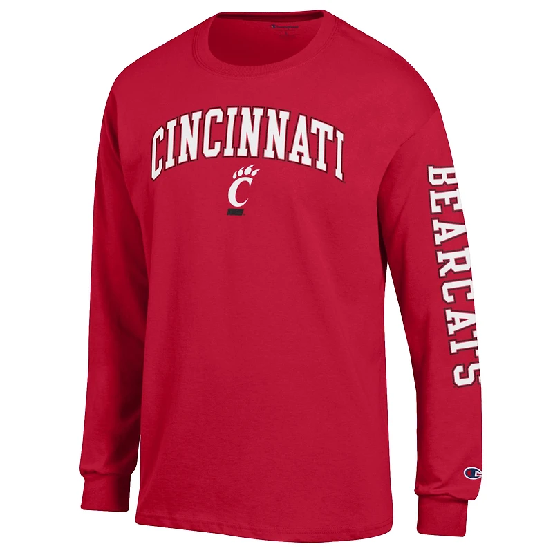 T-shirt à manches longues rouge Champion Cincinnati Bearcats pour homme avec logo Arch Over et 2 coups