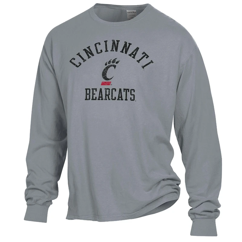 Men's ComfortWash Gray Cincinnati Bearcats Arch Logo Garment Dyed Long Sleeve T-Shirt