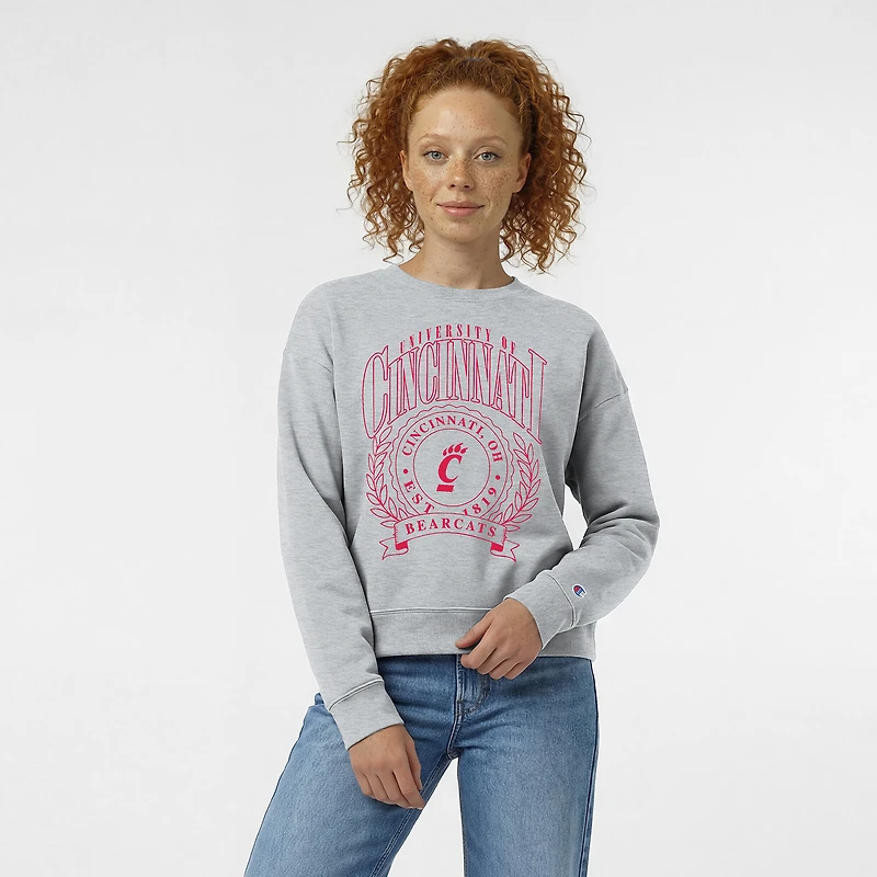 Women's Champion Heather Gray Cincinnati Bearcats Academic Crest Powerblend Crewneck Sweatshirt