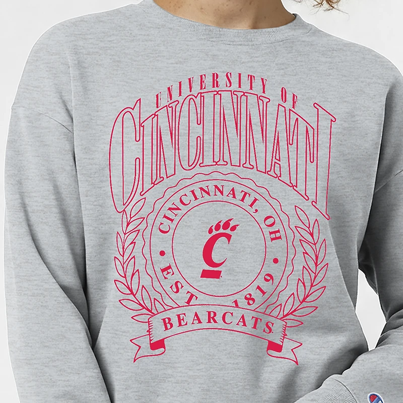 Women's Champion Heather Gray Cincinnati Bearcats Academic Crest Powerblend Crewneck Sweatshirt