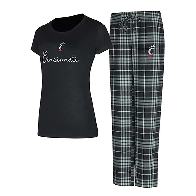 Ensemble de nuit Concepts Sport Black Cincinnati Bearcats Vector pour femme, haut et pantalon en flanelle