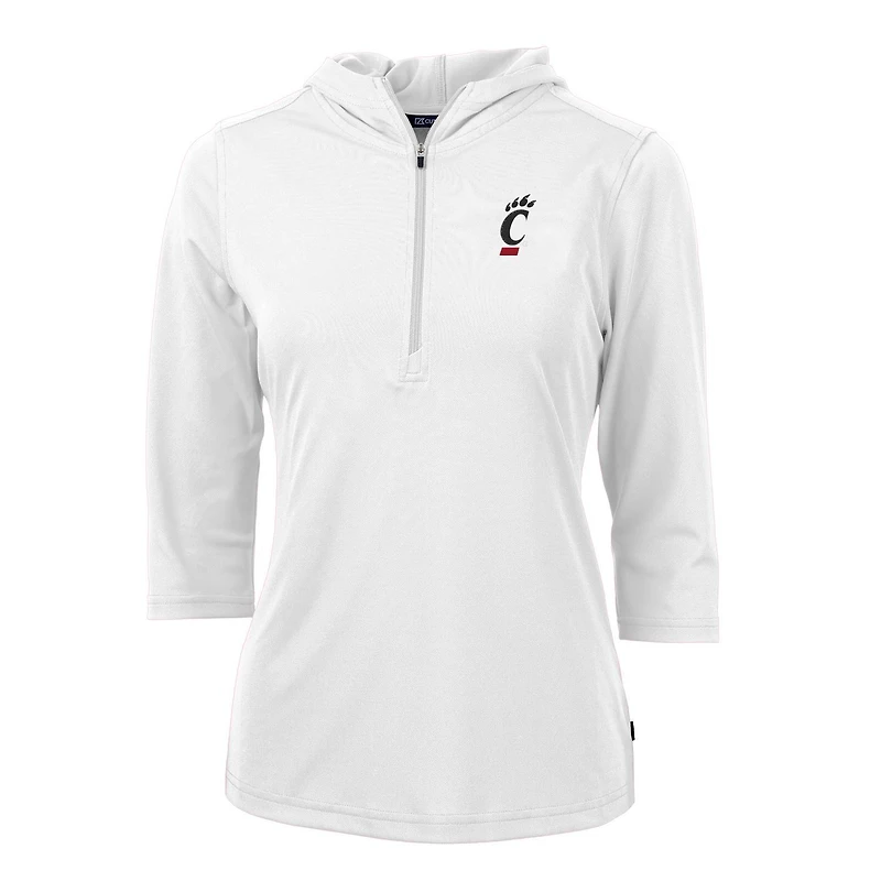 Sweat à capuche blanc manches 3/4 et demi-zip pour femme des Bearcats de Cincinnati, en piqué écologique Virtue, Cutter & Buck