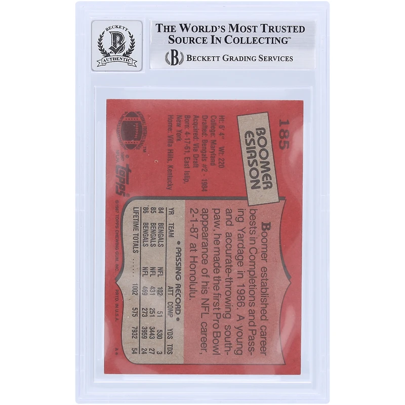 Boomer Esiason Cincinnati Bengals Autographed 1987 Topps #185 Beckett Fanatics Witnessed Authenticated 10 Card
