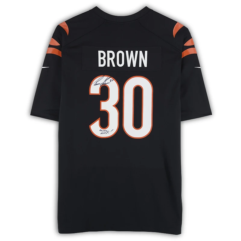 Maillot Nike noir dédicacé par Chase Brown des Bengals de Cincinnati avec inscription « Who Dey ! »