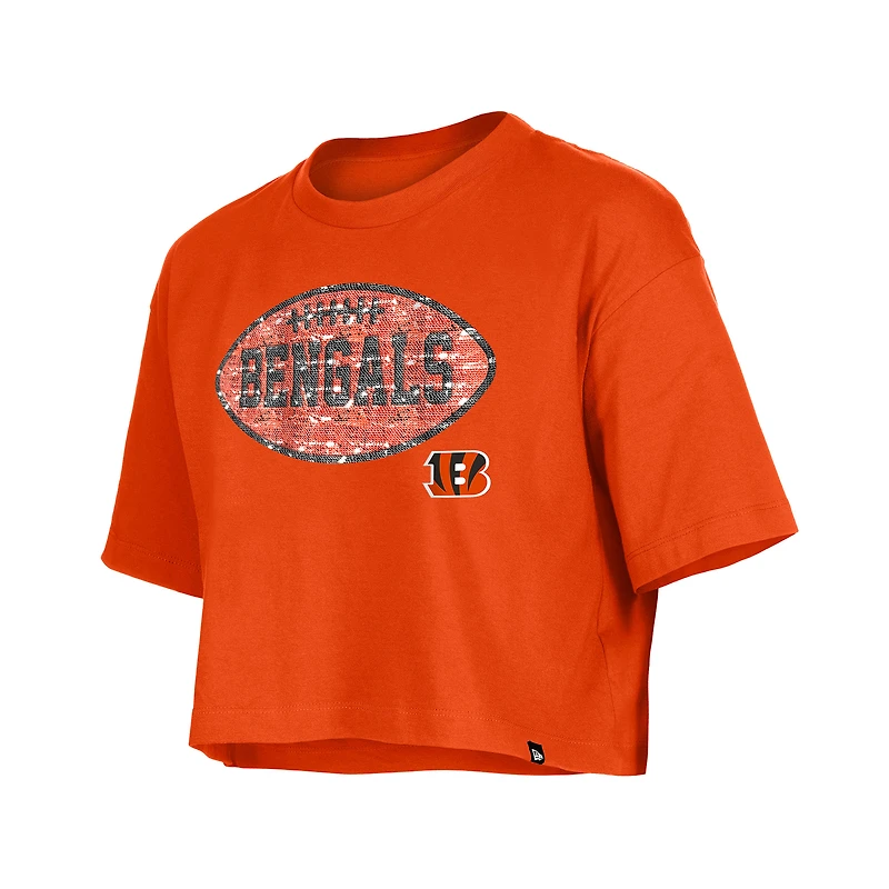 Girl's New Era Orange Cincinnati Bengals Flip Sequin Boxy T-Shirt