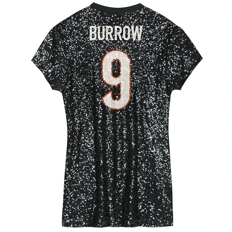 Robe à col en V sequins noire avec nom et numéro de joueur des Bengals Cincinnati Joe Burrow pour jeunes filles