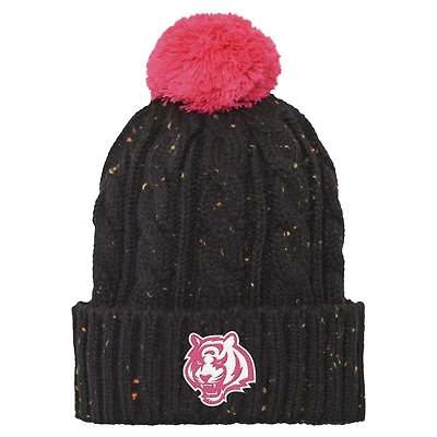 Bonnet tricoté à revers et pompon en fil nep noir pour filles et jeunes Cincinnati Bengals