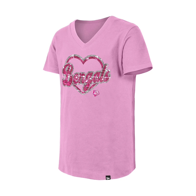 T-shirt à col en V paillettes pour jeunes filles New Era rose des Bengals de Cincinnati